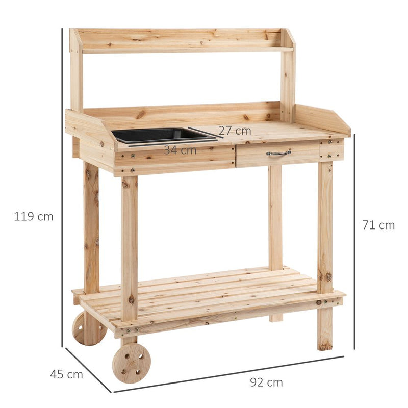 Wooden Bench Work Table & 2 Wheels, Sink, Drawer & Storage Spaces, 92x45x119cm