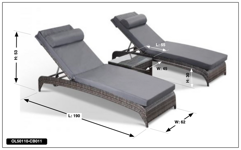 Savona Pair of Luxury Loungers in Grey with Side Table
