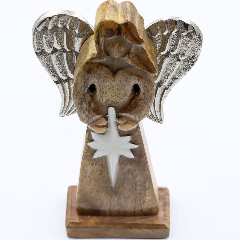 Large Mango Wood Peace Angel Metal Wings & Enamel Detail