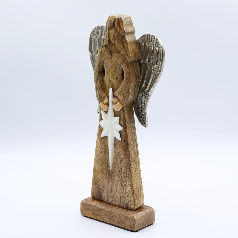 Large Mango Wood Peace Angel Metal Wings & Enamel Detail