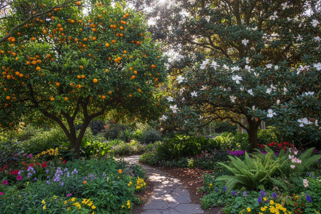 citrus and magnolia trees
