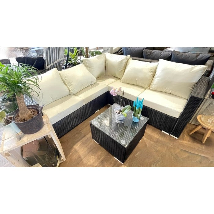Mykonos Black & Cream Compact Rattan Corner Sofa Set