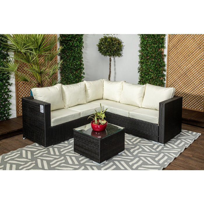 Mykonos Black & Cream Compact Rattan Corner Sofa Set