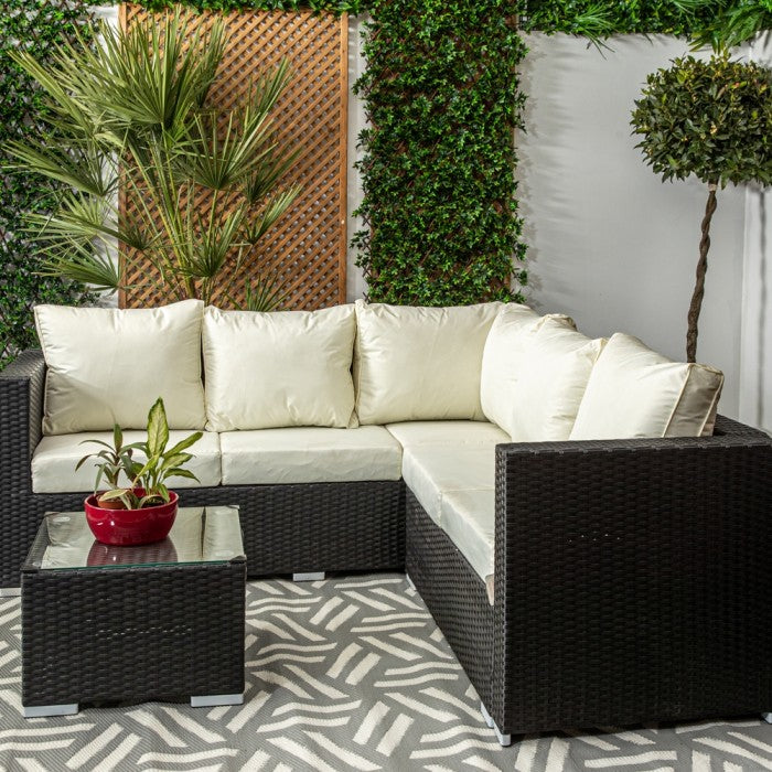 Mykonos Black & Cream Compact Rattan Corner Sofa Set