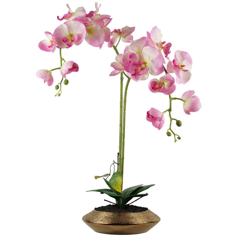 70cm Artificial Orchid Light Pink with Gold Dish Ceramic Planter