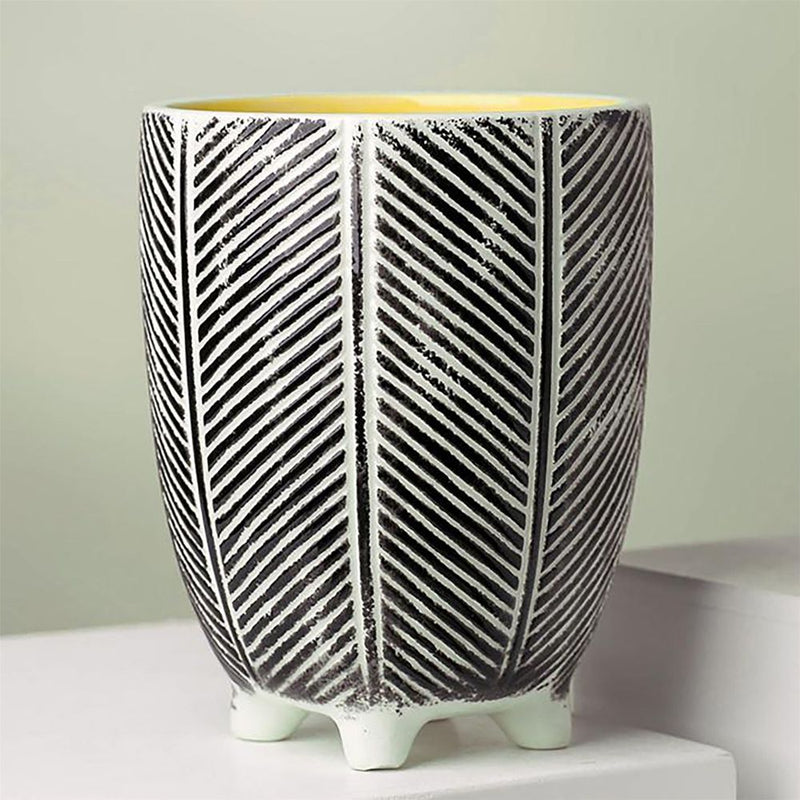 Tall Ceramic Planter Plant Pot With Feet Black Stripe 15 x 15 x 19cm