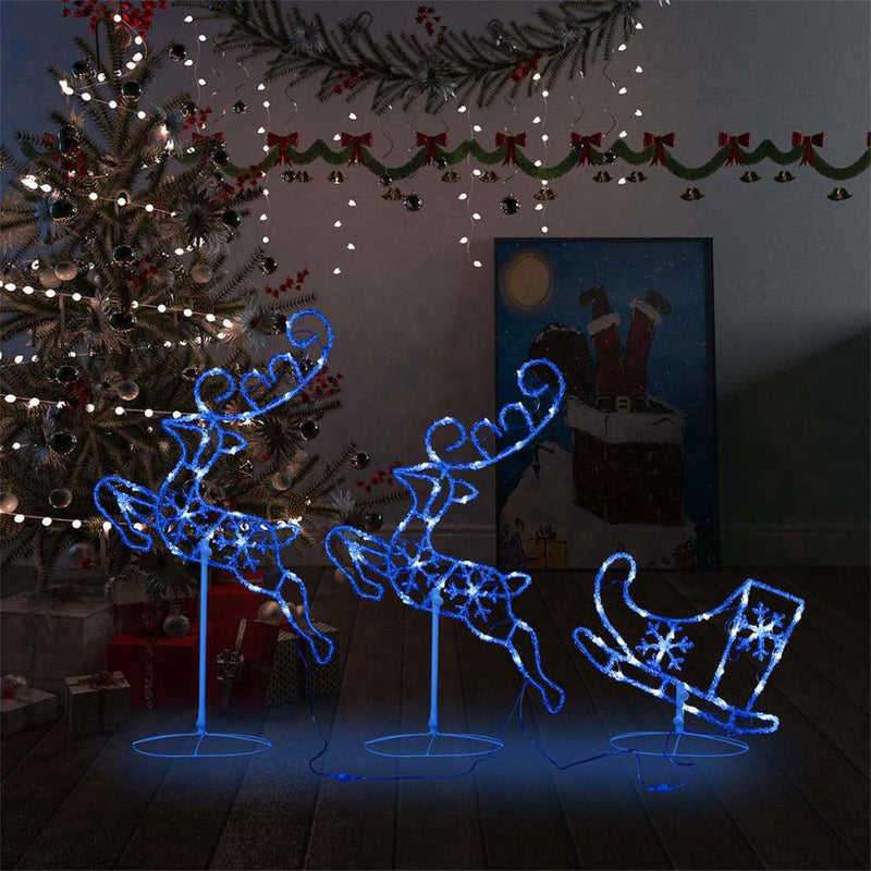 Acrylic Christmas Flying Reindeer & Sleigh 260x21x87cm Blue & Multicolored Cold & Warm White