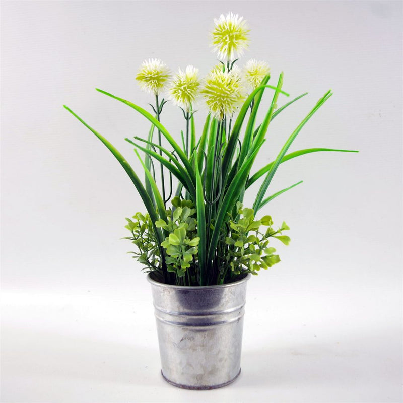30cm Artificial Allium Grass Plant with Metal Planter