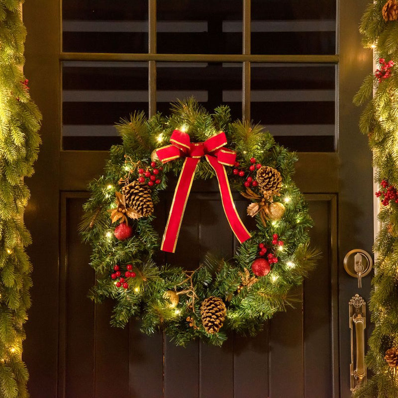 60cm Pre-Lit Artificial Christmas Door Wreath Holly LED