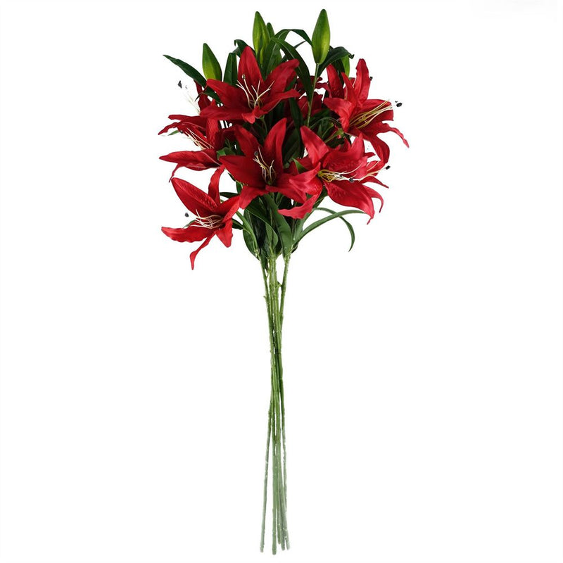 Pack of 6 x 100cm Large Red Lily Stem - 18 Flowers