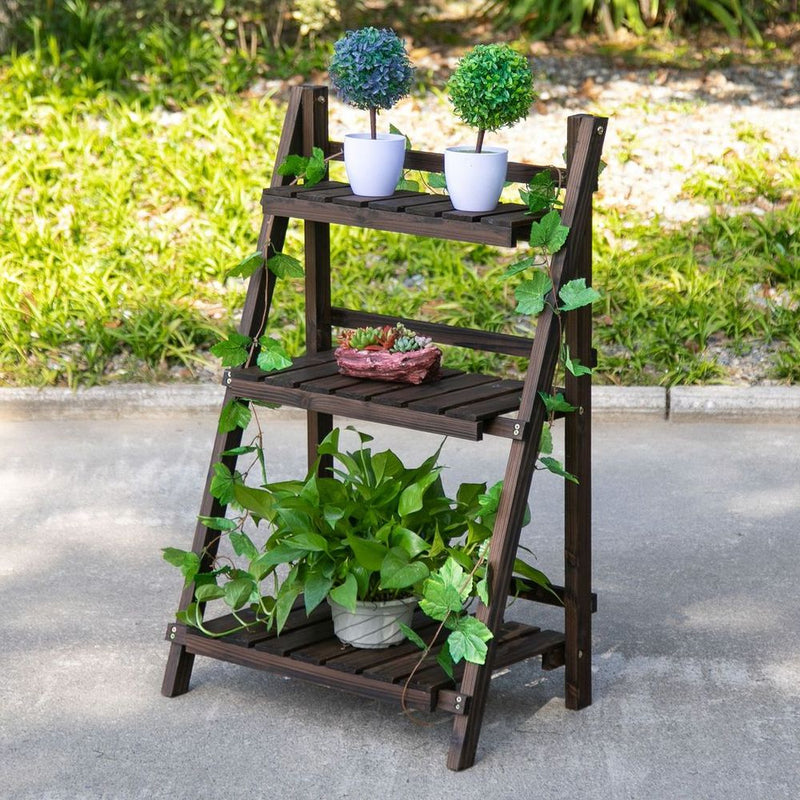 3-Tier Wooden Plant Shelf Foldable Flower Pots Holder Stand Indoor Outdoor