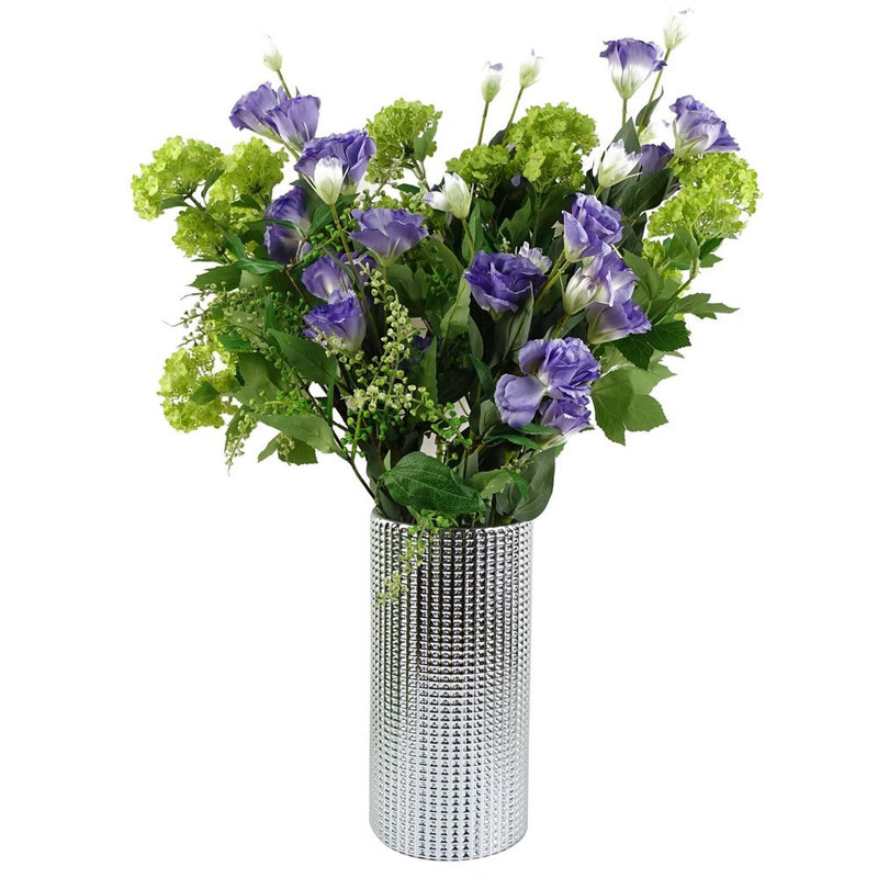 60cm Purple Wild Rose Arrangement Silver Glass Vase