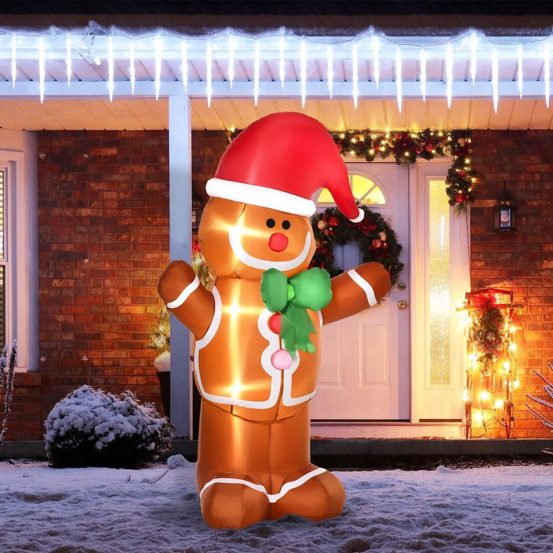 HOMCOM 6ft Christmas Inflatable Gingerbread Man & Santa Hat w/ LED Lights