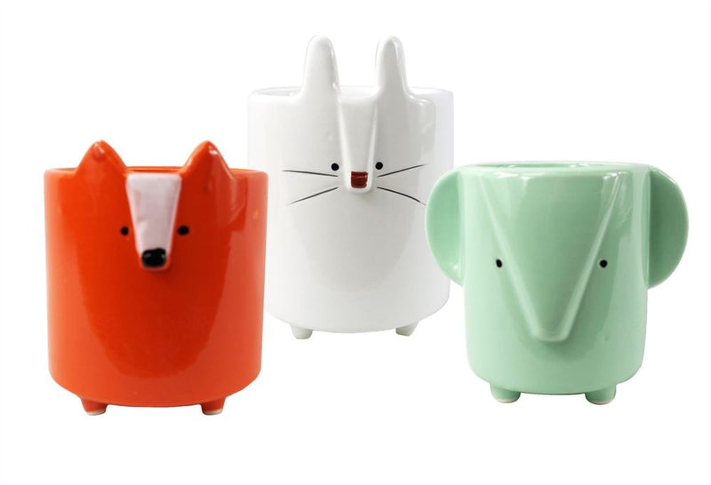 Set of Rabbit Fox and Elephant Ceramic Pots