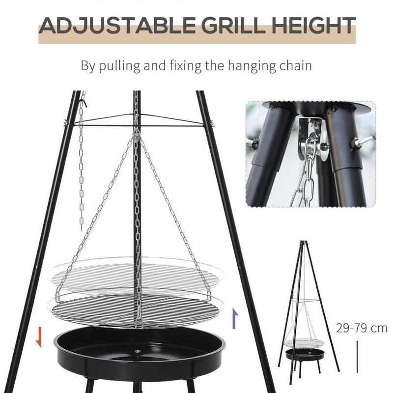 Adjustable Tripod Charcoal Barbecue BBQ Cooking Grill Round Portable