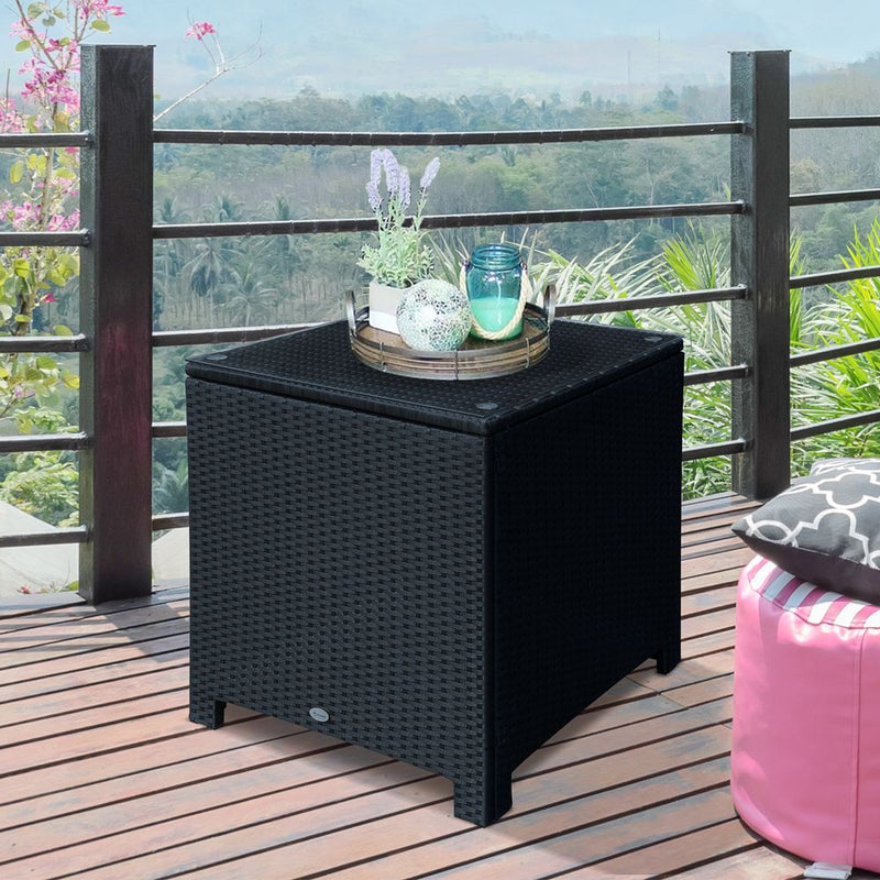 Outsunny Rattan Side Table Patio Frame Tempered Glass Outdoor Wicker-Black