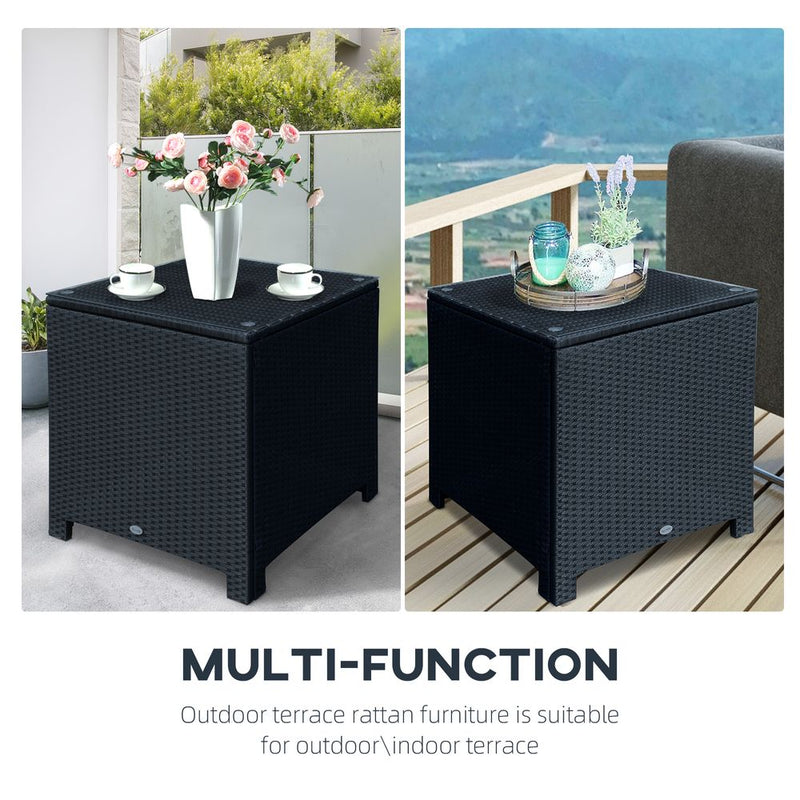 Outsunny Rattan Side Table Patio Frame Tempered Glass Outdoor Wicker-Black